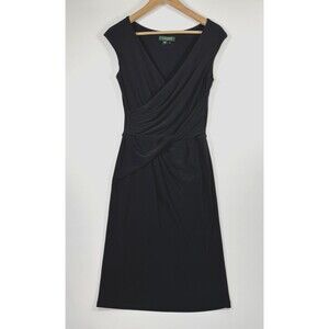 Lauren Ralph Lauren Dress 6 Black Faux Wrap Cap Sleeve Ruched Sheath Stretch